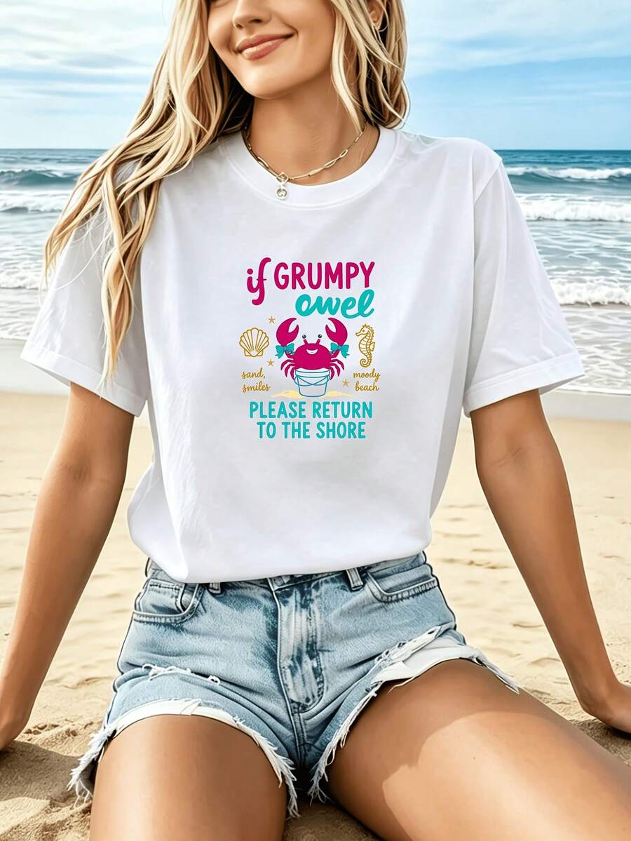 Camiseta Deportiva Casual para Mujer con Colorido Diseño de Cangrejo - Camiseta Blanca Elástica de Cuello Redondo, Lavable aáquina, Ajuste Cómodo para Todas las Estaciones, para un Look Divertido y Casual. - Blanco - Ver 1