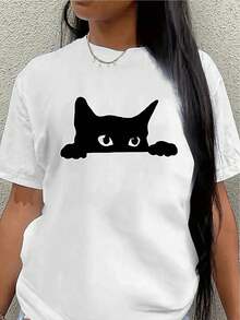 This Lightweight And Durable Short-Sleeved T-Shirt With A Cat Face Design Is Perfect For Lounging At Home Or Casual Wear At A Coffee Shop, Making It An Ideal Choice For Everyday Outings And Leisure Time. Women's Casual Blouse - 白色 - 查看 7