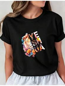 Camiseta Estampada para Mujer con Gráfico Abstracto de León - Camiseta Casual de Manga Corta y Cuello Redondo en Negro, Corte Relajado para Todas las Estaciones, Perfecta para Uso Diario y Atuendos de Vacaciones (Lavable aáquina). - Negro - Ver 1