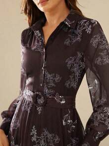 Women's Floral Print Dress With Front Buttons And Belt For Vacation - 灰色 - 查看 5