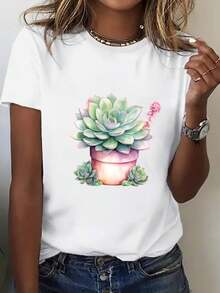 LigeroPlus Size - Camiseta retro holgada para mujer con estampados de plantas suculentas - 200 g/m² de peso pesado, 100% algodón, mangas cortas cómodas, cuello redondo, top casual con suaves patrones botánicos en rosa y verde, perfecta para ropa casual de primavera y verano, esencial para el guardarropa de temporada.Verano - Blanco - Ver 3