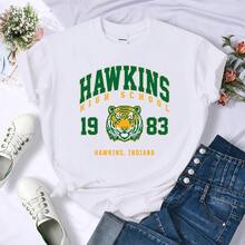 Women's Best Selling T-Shirt In 2026, Hawkins High School 1983 Print, Slim Fit, Harajuku Style, Urban Fashion, Casual Wear, Crew Neck - 白色 - 查看 5