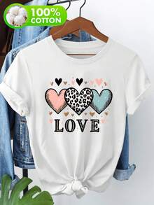 Camiseta 100 % pura con estampado de temática de aire libre, camiseta de manga corta pura para mujer, camiseta casual con estampado de leopardo y patrón de amor LOVE - Blanco - Ver 2