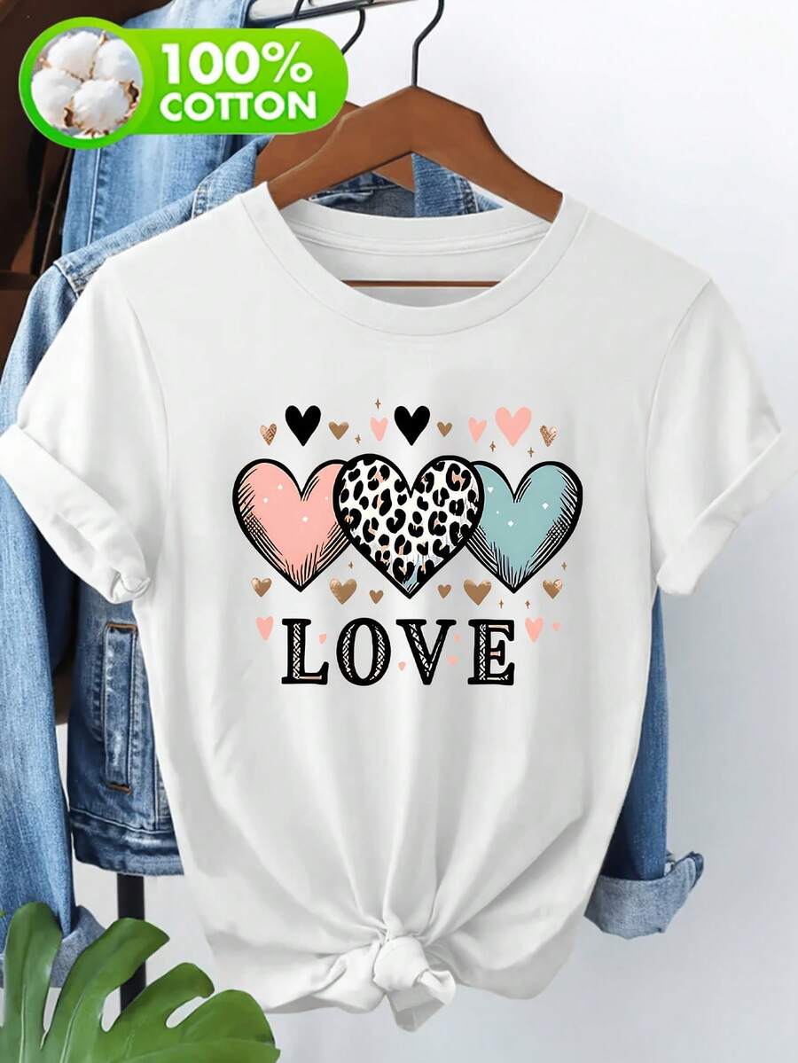 Camiseta 100 % pura con estampado de temática de aire libre, camiseta de manga corta pura para mujer, camiseta casual con estampado de leopardo y patrón de amor LOVE