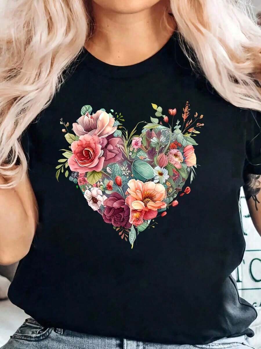 Bohemian Style Floral Heart Print T-Shirt, Romantic Flower And Leaf Design For Casual And Everyday Wear, Cotton T-Shirt - 黑色 - 查看 1