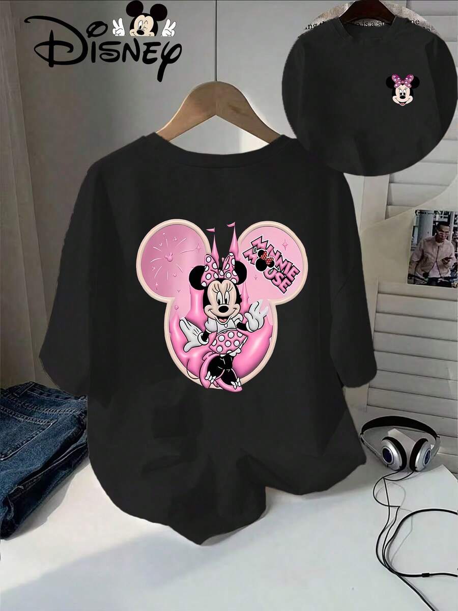 Authentic Disney Minnie Mouse Cartoon Print Disney Summer New Short Sleeve T-Shirt Women's Casual Fashion Printed T-Shirt For Women - màu đen - Xem 1