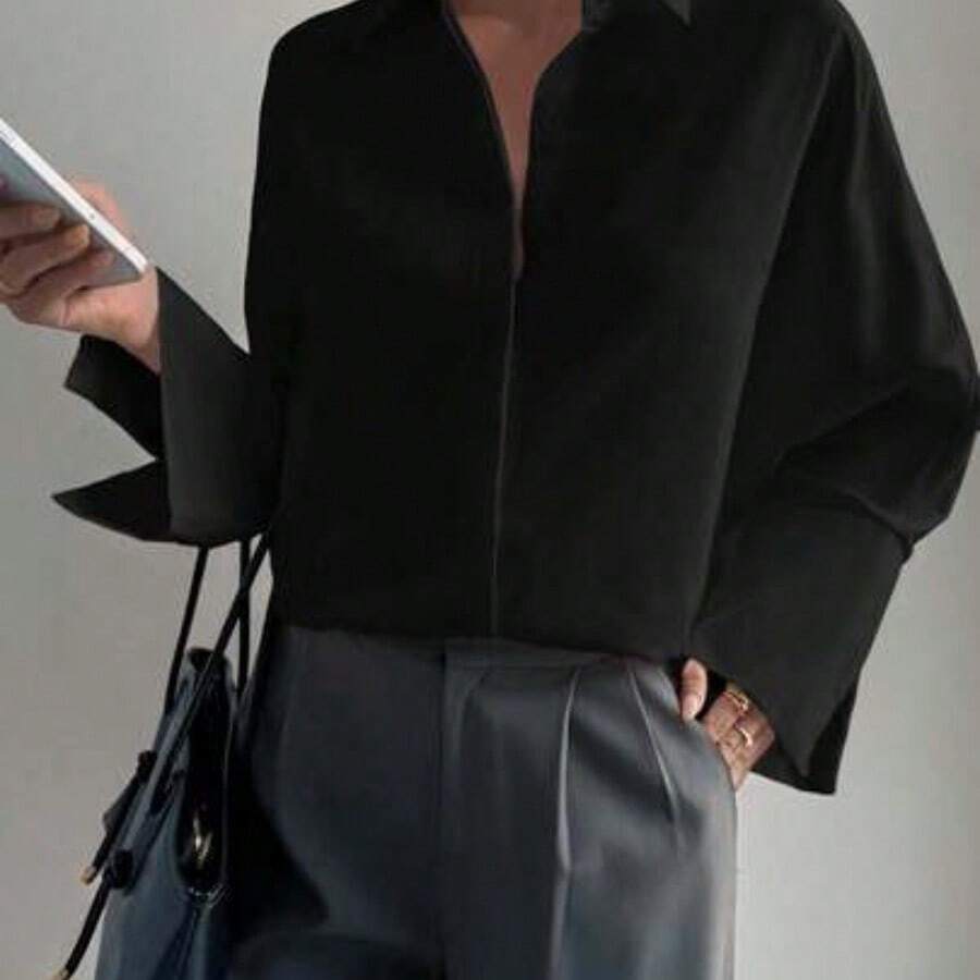 Camisa blanca de mujer con diseño de rostro abstracto francés, encanto retro, diseño de manga larga, adecuada para entrevistas de negocios, trayecto al trabajo, uso casual, relajado, minimalista y elegante, apta para uso diario y en el hogar - Negro - Ver 1