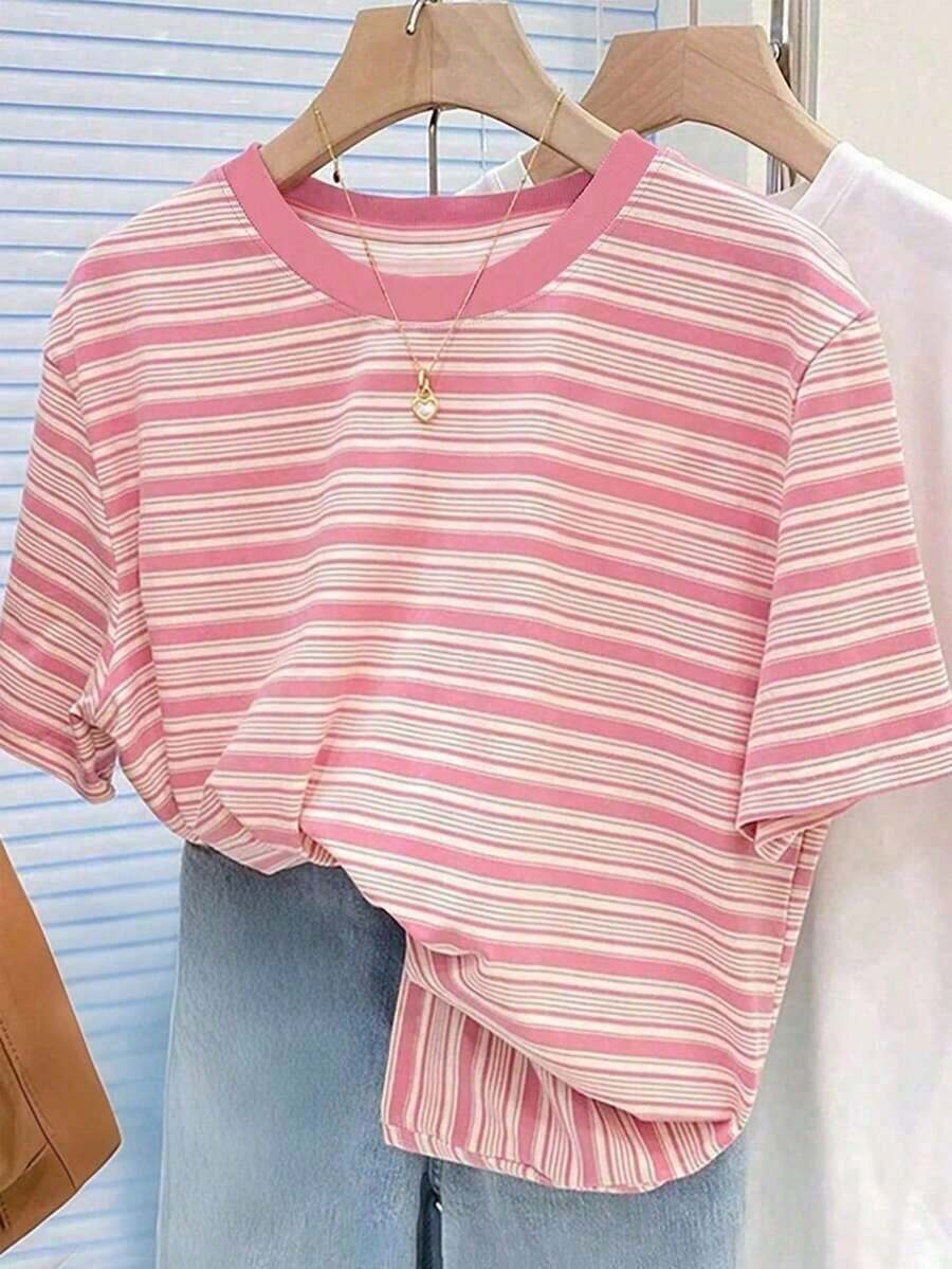 Camiseta de mujer de manga corta a rayas de colores vintage, top casual de cuello redondo para el verano - Multicolor 20 - Ver 1