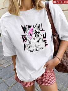 1 Piece, 100% Cotton. Loose-Fitting T-Shirt, 100% Cotton, Summer Short-Sleeved Round Neck T-Shirt, Oversized, Spring/Summer Tops, 100% Cotton, Short-Sleeved T-Shirt For Women, Colorful Slogan Print "Sunshine In My Heart", Solid Color Round Neck, Soft And Comfortable, Casual, Streetwear, Y2K, Beach, Graduation Party, Vacation, Top, Summer, Spring, T-Shirt, Gym, Sports, Party Top, Blouse, Roman Style, Vintage, Carnival, Spring, May, Women's Tops, Spring Outfit, Jersey, Summer Clothing, Funny T-Shirts, Vacation, Beach, Casual, Cute Tops, Black Tops, Tops, Summer Tops, Easter Clothing For Women, Carnival, All Seasons, Office/Lounge/Home/Minimalist, Western Style, Outfit, Retro Style - White - View 6