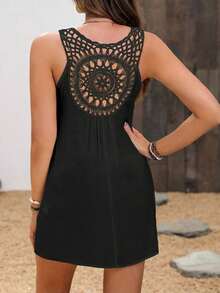 Vestido de cubrir sólido con diseño calado simple para mujer, para uso casual diario, para verano y vacaciones en la playa - Negro - Ver 2