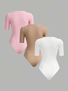 3 piezas Body ajustado de manga corta y cuello redondo de punto de unicolor para mujer - Multicolor 4 - Ver 2