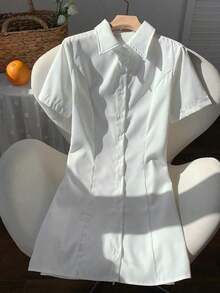 Vestido casual de manga corta con botones delanteros de unicolor - Blanco - Ver 4