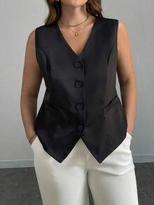 elegante de talla grande de un solo botonadura y ajustado, negro - Negro - Ver 4