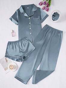 Conjunto de pijama de 3 piezas para mujer con cuello de seda falsa de unicolor y ribete contrastante - Gris - Ver 6