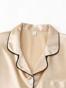 Conjunto de pijama de 2 piezas con camisa de manga corta con solapa y pantalones cortos con moño, ropa de dormir para mujer, conjunto de dos piezas - Amarillo - Ver 3