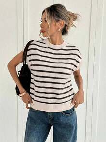 Blusa de punto de manga de murciélago con rayas de color contrastante, casual de verano para mujer - Multicolor 6 - Ver 4