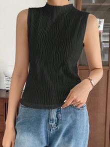 Blusas de tirantes de cuello alto de verano de tela con textura uniforme, casuales pero elegantes - Negro - Ver 3