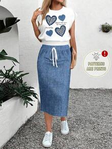 Conjunto de 2 piezas de camiseta de manga corta con gráfico de corazón de mezclilla azul sintética + minifalda - Conjunto informal de primavera/otoño y verano con estilo bohemio chic para vacaciones en la playa, Hawái, vacaciones de primavera, festi - Multicolor - Ver 5