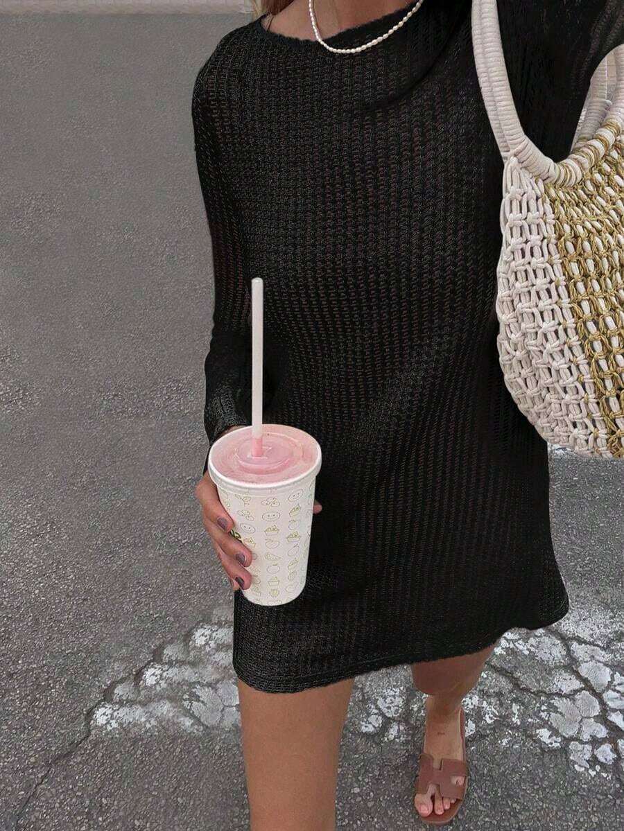 Vestido corto tipo capa de unicolor, informal, fresco, para vacaciones y playa, con adorno de encaje, de manga larga para mujer, para primavera/verano - Negro - Ver 1