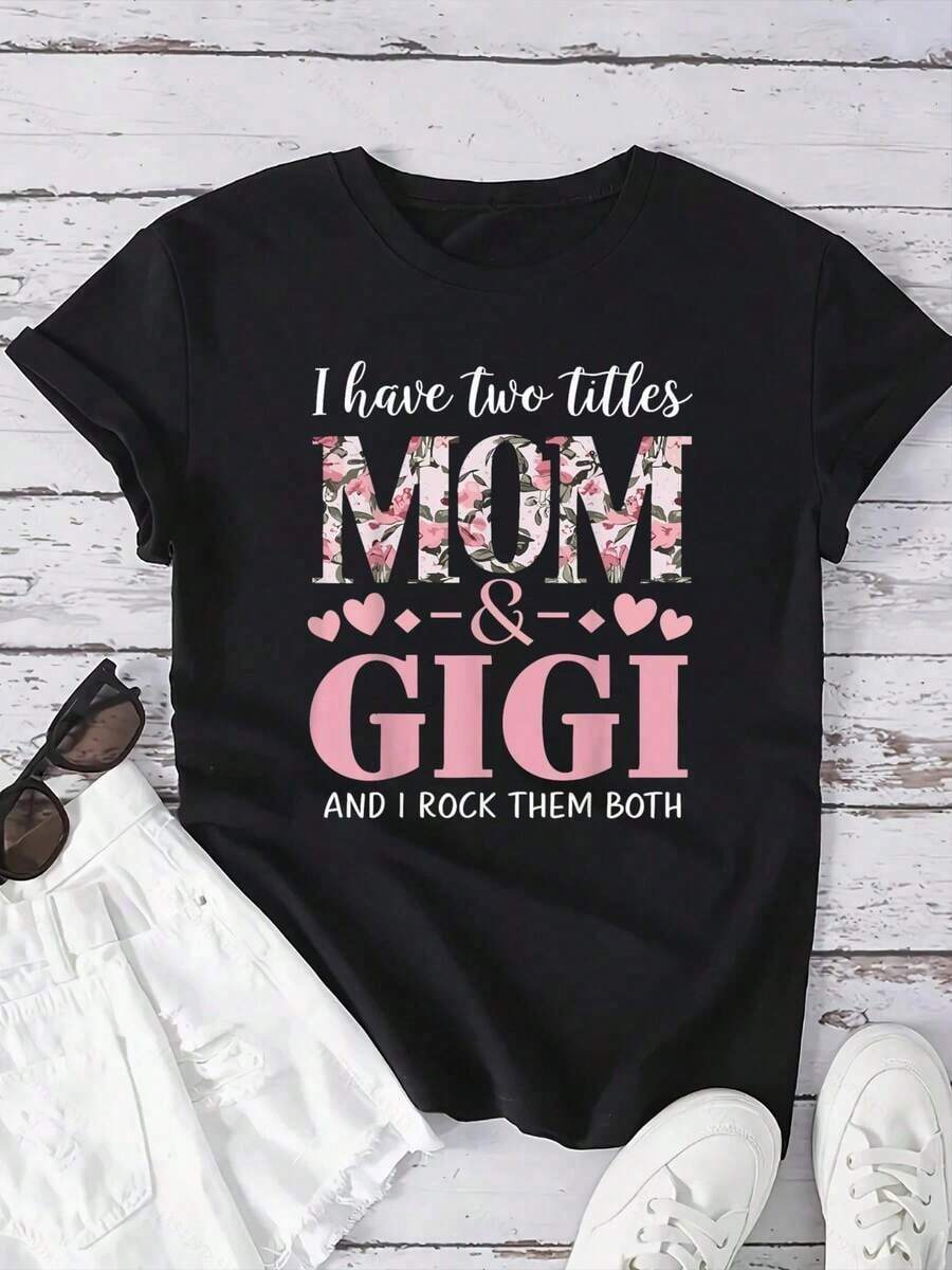 Camisetas de algodón, camiseta con estampado "Abuela, tengo dos títulos: mamá y abuela", camiseta de manga corta con cuello redondo para mujer, camisetas gráficas de moda para mujer, transpirable y cómoda. - Negro - Ver 1