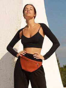 Blusa de manga larga ajustada y corta de unicolor para mujer - Negro - Ver 3