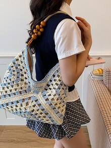 1 chiếc túi xách tay móc len đính hạt màu xanh dương và trắng, kiểu dáng Bohemian mùa hè, thích hợp cho du lịch biển hoặc những chuyến đi chơi xa, túi đeo vai dệt thủ công dành cho nữ. - Màu xanh nhạt - Xem 2