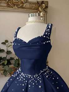Vestido elegante, lujoso y noble de estilo palaciego con hombros abiertos, escote corazón sin tirantes, silueta de sirena, decoración de perlas falsas y bajo acampanado, adecuado para despedida de soltera, boda, graduación, vacaciones y fiesta de - Azul marino - Ver 2