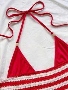Conjunto de 2 piezas de mujer para vacaciones de primavera/verano, con top de camisola de cuello de halter de punto a rayas rojas + shorts cortos de talle bajo a rayas rojas vintage - Rojo y blanco - Ver 3