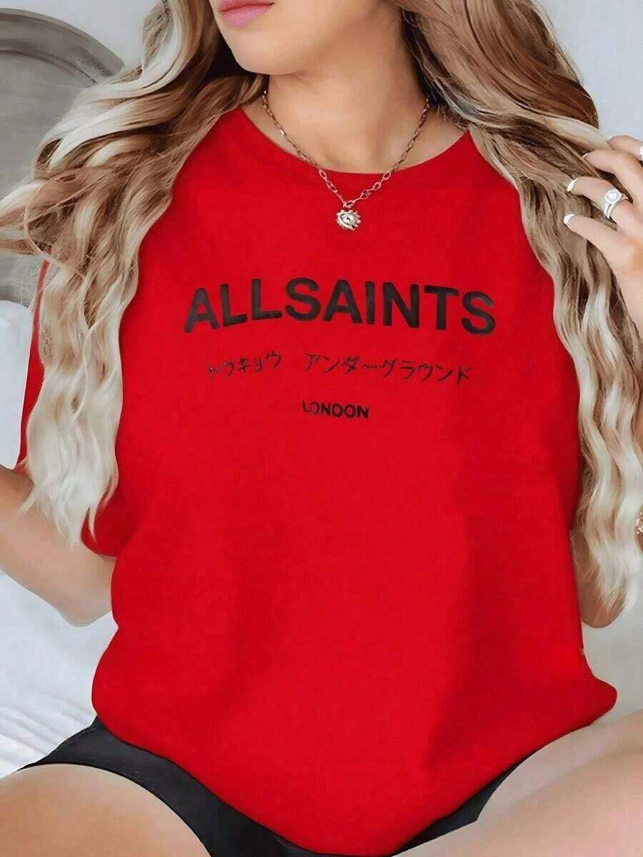 Eye-Catching Logo Combined With Japanese Text Symbolizing Tokyo's Underground Culture And A Connection To London. Women's Casual Red 100% Cotton T-Shirt. Simple, Breathable, And Comfortable Solid Color T-Shirt, Ideal For Everyday Wear. - 紅色的 - 查看 1