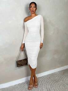 Vestido elegante de malla fruncida de otoño para mujer  , de manga larga, corte midi y ajustado, para citas/fiestas, vestidos en colores pastel para mujer, para el Día de San Valentín, atuendos de San Valentín para mujer. - Blanco - Ver 10