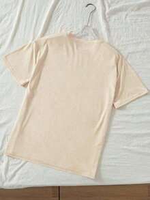 Camiseta Casual de Corte Holgado con Estampado de Letras y Cuello Redondo para Niñas, Estilo Urbano, Adecuada para Primavera y Verano  blusas para mujer ropa - Albaricoque - Ver 3