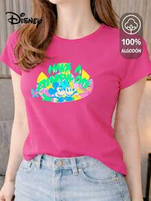 Women's T-Shirt Made Of 100% High-Quality Cotton, This T-Shirt Guarantees Exceptional Softness To The Touch, Round Neck With "Disney Mickey & Minnie Have A Colorful Day" Print And Short Sleeves - 玫紅色 - 查看 1