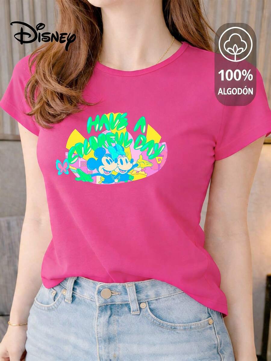 Women's T-Shirt Made Of 100% High-Quality Cotton, This T-Shirt Guarantees Exceptional Softness To The Touch, Round Neck With "Disney Mickey & Minnie Have A Colorful Day" Print And Short Sleeves - 玫紅色 - 查看 1