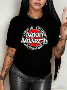 100% Cotton. With A Design Inspired By The Band Amon Amarth, Featuring Their Logo In A Red Circle And A Viking Style, This Women's T-Shirt Is Made Of 100% Cotton For Comfort. Women's Simple Solid Color T-Shirt, Loose And Slim Fit Casual Short Sleeve - 黑色 - 查看 1