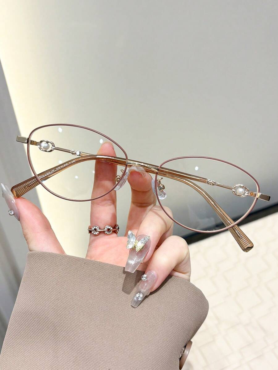 1 par Óculos de Armação Oval Metálica com Lente Plana, Novo Estilo Vintage Básico, Marca de Luxo, Designer, Estilo de Casal, Moda, Óculos Transparentes para Atividades ao Ar Livre, Dirigir, Compras, Golfe, Casual Empresarial, Acessórios Femininos - Transparente - Visão 1