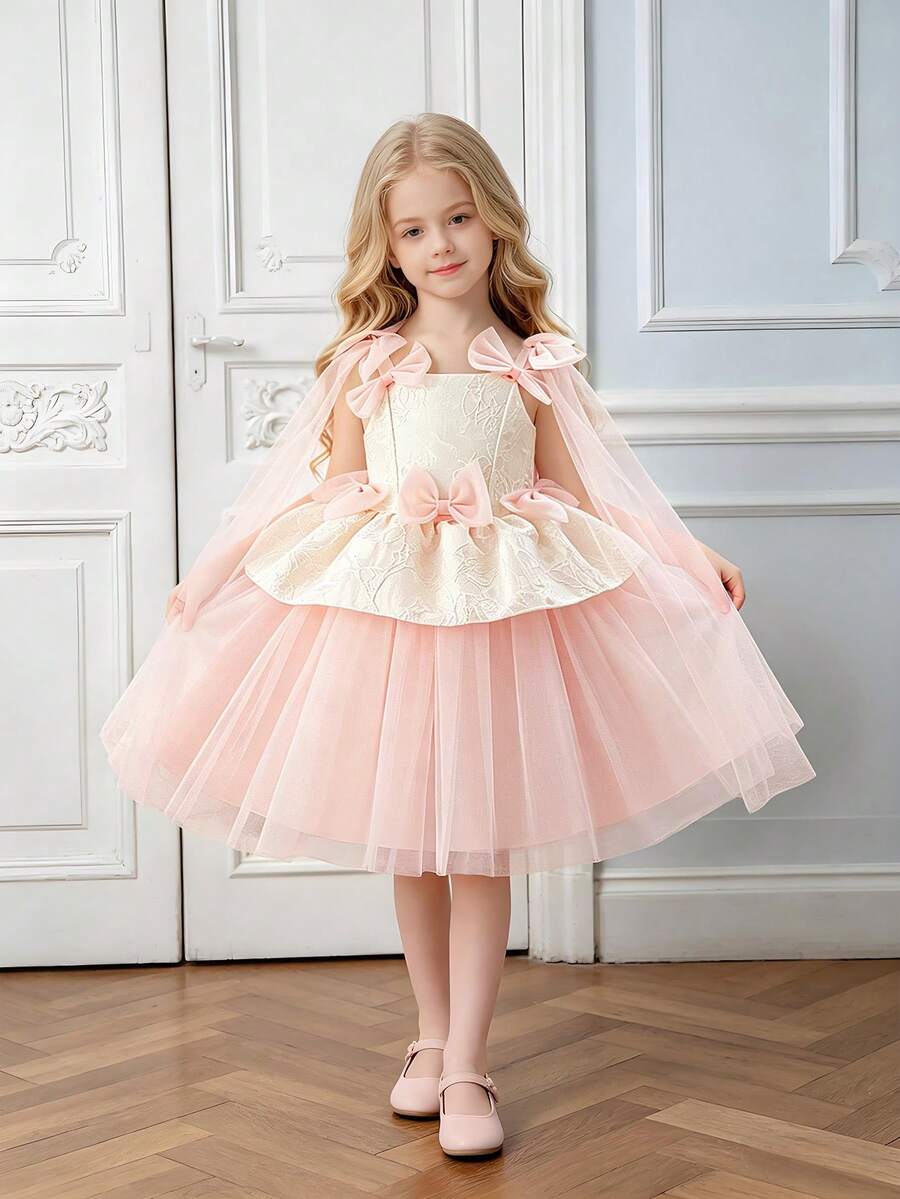 Đầm công chúa bồng bềnh, không tay, chất liệu voan jacquard phối lưới, kiểu dáng thanh lịch cho bé gái dự tiệc cưới, thích hợp cho sinh nhật, tiệc tối, dạ hội, trình diễn thời trang. Không bao gồm băng đô cài tóc. - Bụi hồng - Xem 1