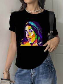 Colorful Face Formed By Geometric Lines That Express Strength, Creativity And Freedom With Vibrant Tones That Evoke Modern And Confident Feminine Energy. Elegant Casual Women's T-Shirt For Everyday Wear - 黑色 - 查看 1