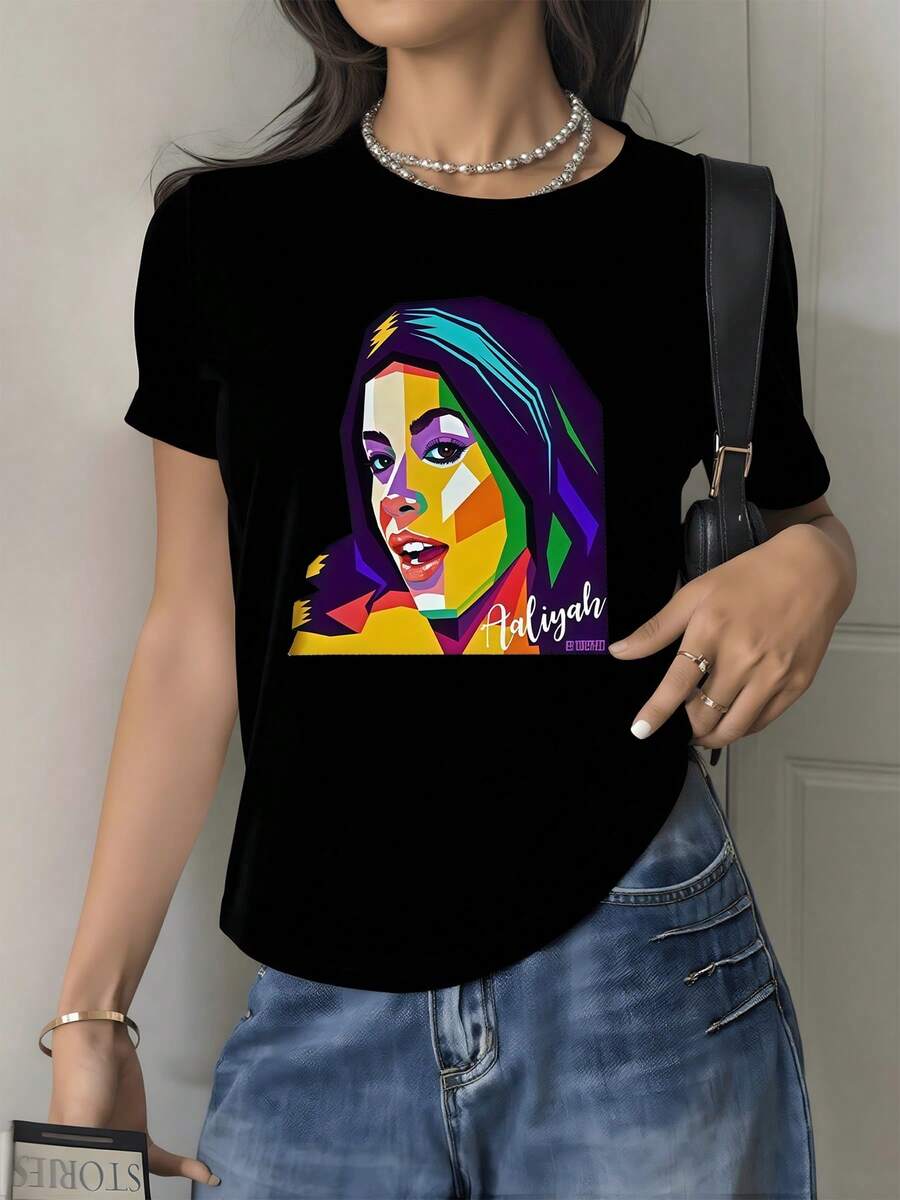 Colorful Face Formed By Geometric Lines That Express Strength, Creativity And Freedom With Vibrant Tones That Evoke Modern And Confident Feminine Energy. Elegant Casual Women's T-Shirt For Everyday Wear - 黑色 - 查看 1