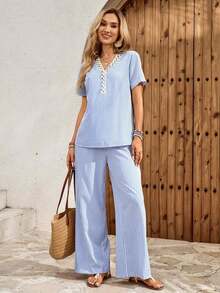 Faunlyn Conjunto de 2 piezas de camisa y pantalones de unicolor casual de vacaciones para mujer - Azul y blanco - Ver 8