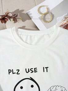 Women's Short-Sleeve T-Shirt With Round Neck, Cartoon Print And "PLZ USE IT" Lettering. Graphic Tees For Women. Casual Blouses For Women. 100% Cotton. - 白色的 - 查看 4