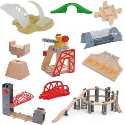Pista de tren de madera, juguetes de ferrocarril de carreras, pista de puente, grúa de torre, accesorios aptos para pistas de madera, juguetes para niños, regalo