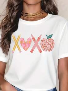Vintage XOXO Teacher T-Shirt - Soft And Breathable Short-Sleeve Tee With Pencil And XOXO Print, Unisex Casual Gift Suitable For Educators, For Teacher Appreciation Week Or For A Valentine's Day Party Outfit, Machine Washable For Durability. - 白色 - 查看 1