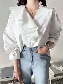 Blusa suelta con escote en V, volantes y parches elegante - Negro - Ver 12