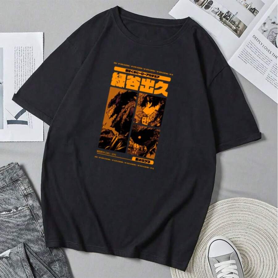 T-Shirt With Character Design "The Hero Becomes A Vigilante" V2, Vintage 90s Style, With Anime Cartoon Print, Short Sleeve, Loose And Casual Fit. - 黑色 - 查看 1