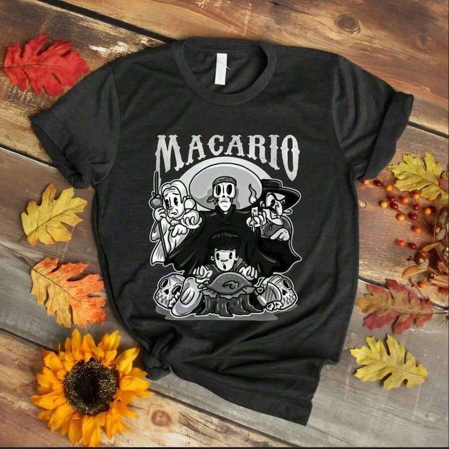 Moda 2026 Para Mujer Cotton T-shirt Casual Calidad Camiseta temática Ropa de día de muertos "MACARIO" cómoda ideal para fiesta disfraces y celebraciones Camiseta Básica Unisex - Negro - Ver 1