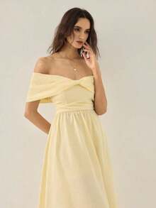 Gaivellea Vestido elegante, romántico y sofisticado con hombros descubiertos, lazo en la cintura y silueta evasé, adecuado para salidas y citas de primavera/verano - Albaricoque - Ver 1