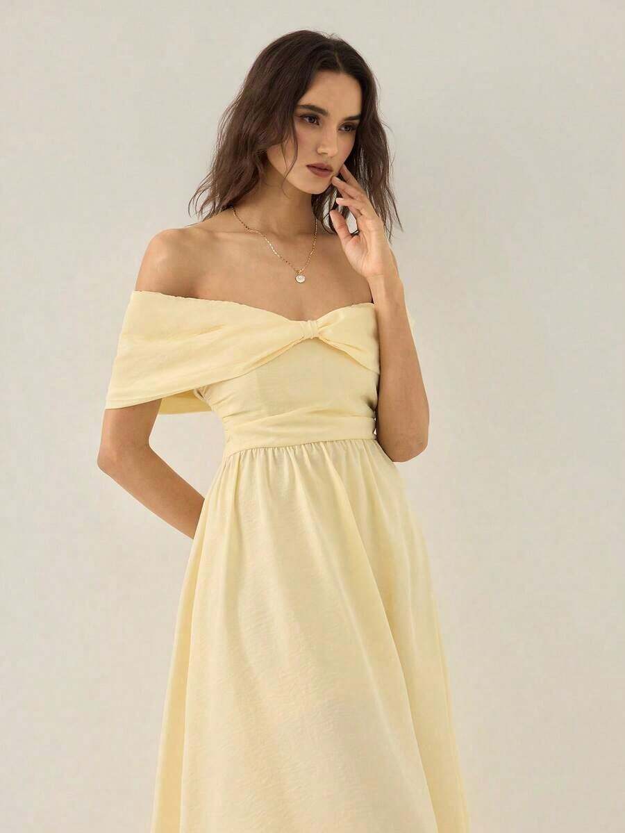 Gaivellea Vestido elegante, romántico y sofisticado con hombros descubiertos, lazo en la cintura y silueta evasé, adecuado para salidas y citas de primavera/verano - Albaricoque - Ver 1