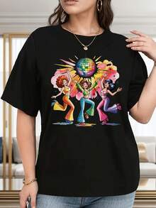 Limited Time Offer, Limited Quantity Available, Flash , Women's Shirts, Women's T-Shirts. Plus Size Women's Clothing: Black T-Shirt - Graphic Top, Casual And Stylish, With A Disco Ball Design. Soft; Versatile Style, Ideal For Both Everyday Wear And Parties; Machine Washable; Suitable For All Seasons. - 黑色 - 查看 1