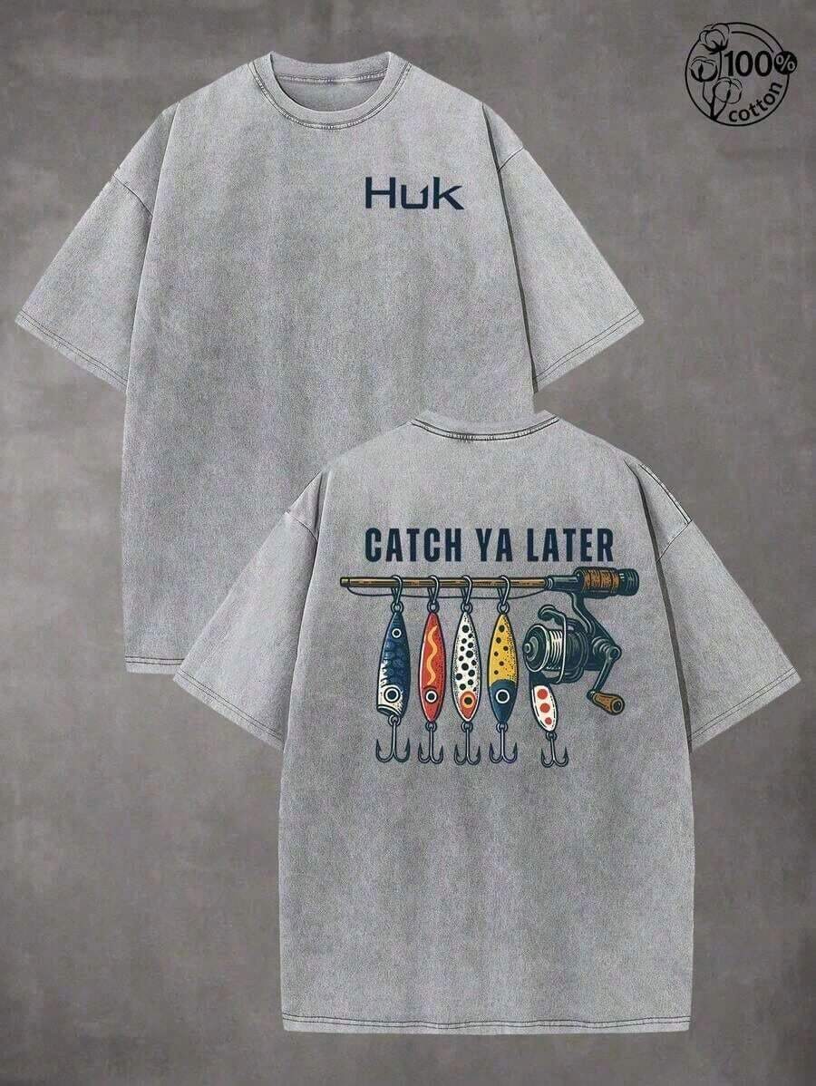 Summer TopsSummer Tops2026Retro "HUK" Fishing Pattern, CATCH YA LATER, Fishing T-Shirts, Men And Women's T-Shirts, Fall Clothes, 230G Wash Cotton High - 灰色 - 查看 1