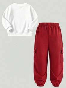 Tween Boy Crew Neck Letter Car Print Long Sleeve Sweatshirt And Sweatpants Casual Daily Set - Red - View 2